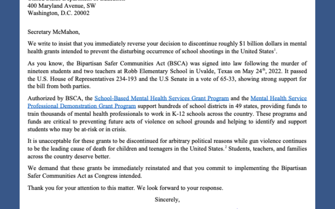 McBath, Sewell, Carbajal Push for Department of Education to Reinstate School Mental Health Funding