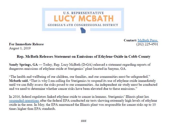 Rep. McBath Releases Statement on Emissions of Ethylene Oxide in Cobb County